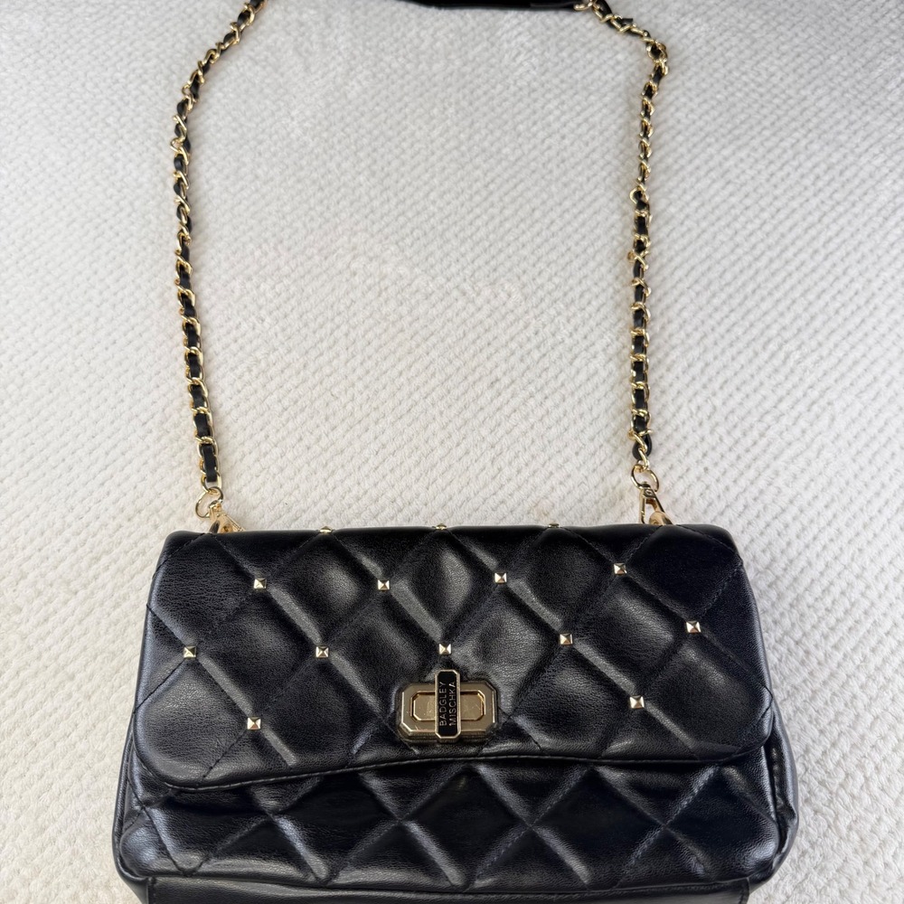 Badgley Mischka Black Quilted Studded Vegan Leather Crossbody Bag BM-4071 NWT